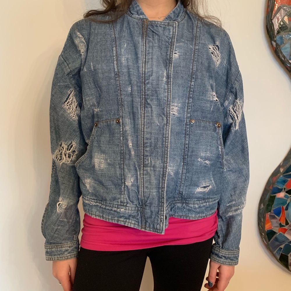 Free People Distressed Denim bomber jacket